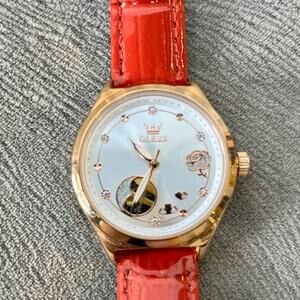 Olevs Women’s Wristwatch 6601 32mm Mechanical Movement Red Leather Strap Analog
